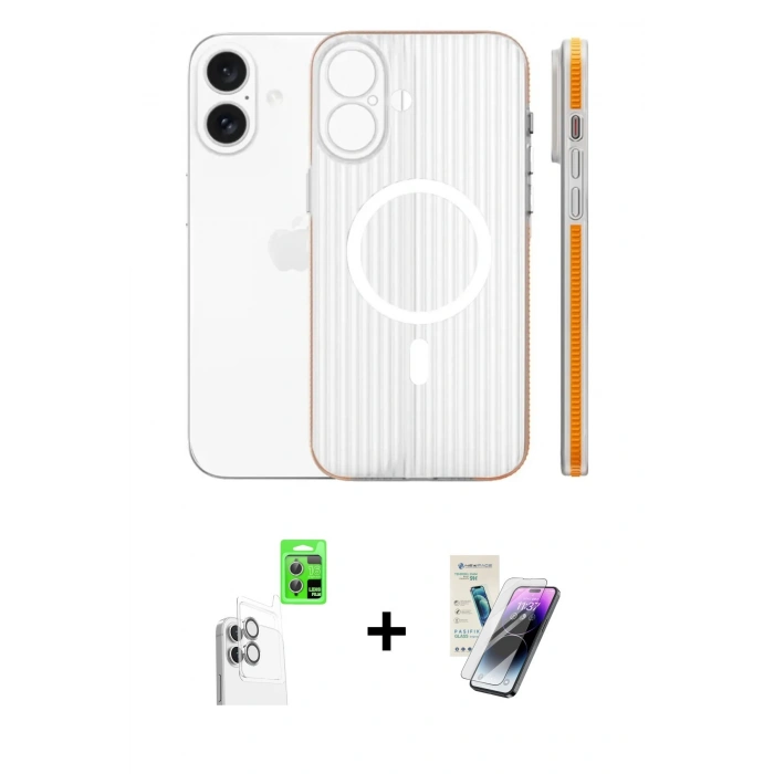 MARSİLYAN™- iPhone 16 Kılıf Pusula Minimal Koleksiyonu - Şeffaf Pasifik Cam Ekran Koruyucu + Raze Metal Kamera Lens - BZ