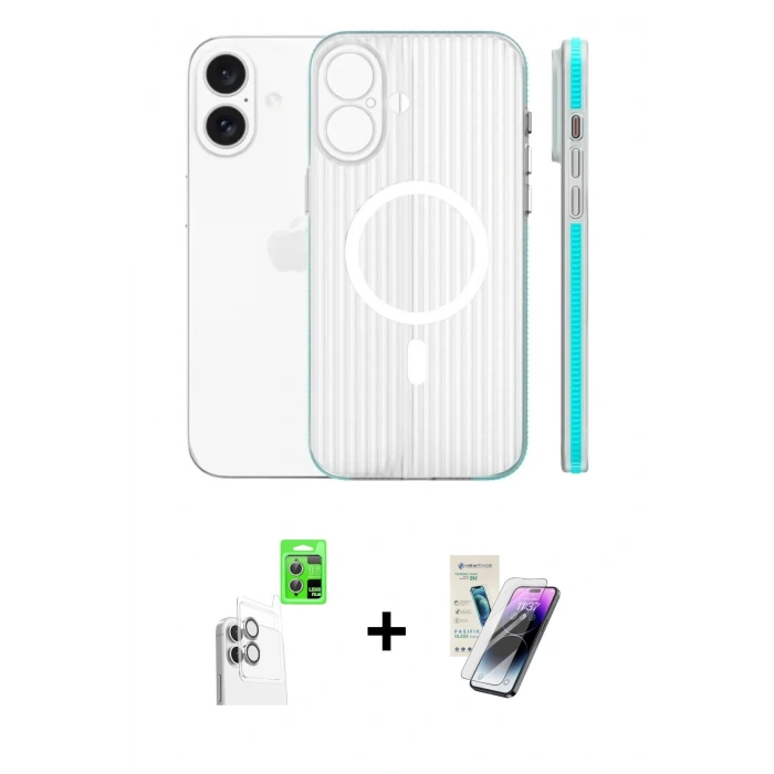 MARSİLYAN™- iPhone 16 Kılıf Pusula Minimal Koleksiyonu - Şeffaf Pasifik Cam Ekran Koruyucu + Raze Metal Kamera Lens - BZ