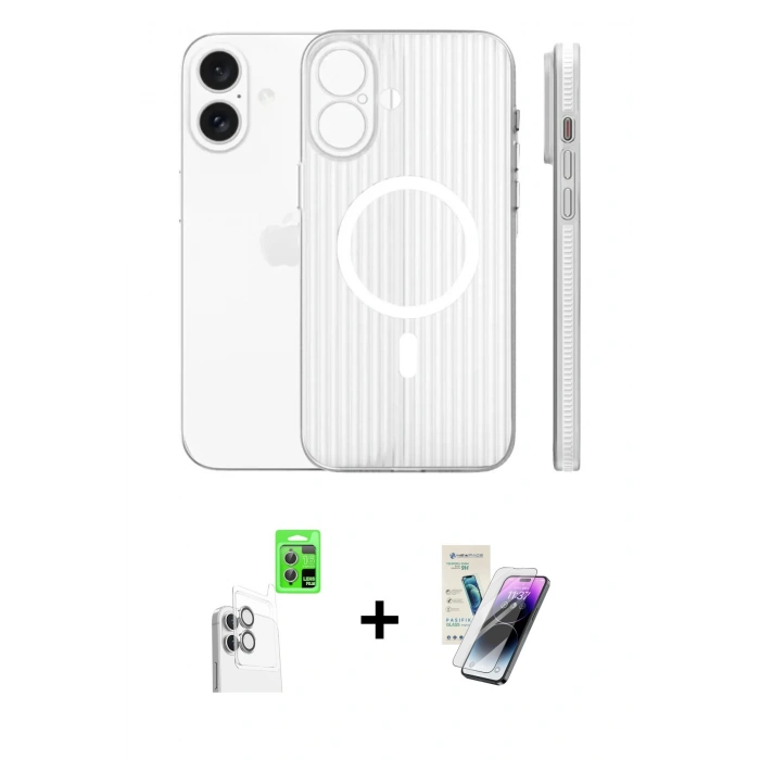 MARSİLYAN™- iPhone 16 Kılıf Pusula Minimal Koleksiyonu - Şeffaf Pasifik Cam Ekran Koruyucu + Raze Metal Kamera Lens - BZ