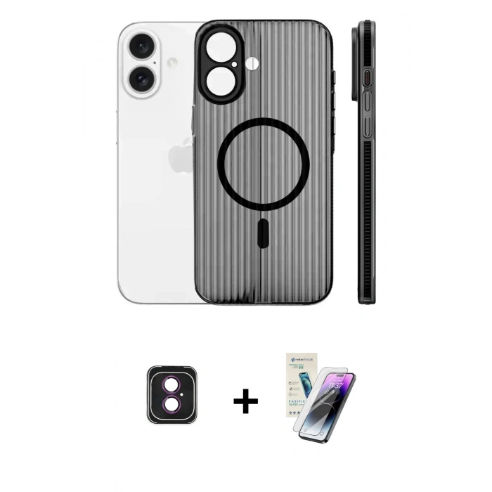 MARSİLYAN™- iPhone 16 Kılıf Pusula Minimal Koleksiyonu - Şeffaf Pasifik Cam Ekran Koruyucu + Pembe PVD Metal Kamera Lens
