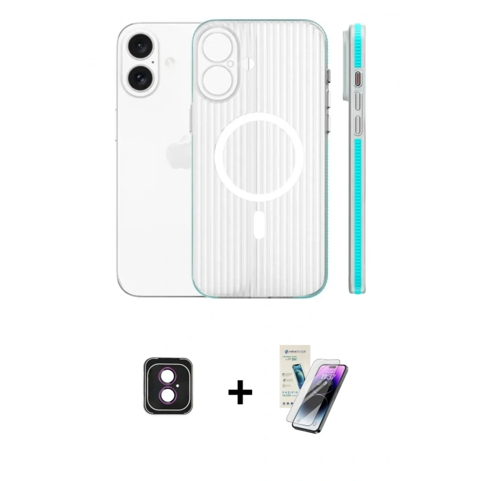 MARSİLYAN™- iPhone 16 Kılıf Pusula Minimal Koleksiyonu - Şeffaf Pasifik Cam Ekran Koruyucu + Pembe PVD Metal Kamera Lens