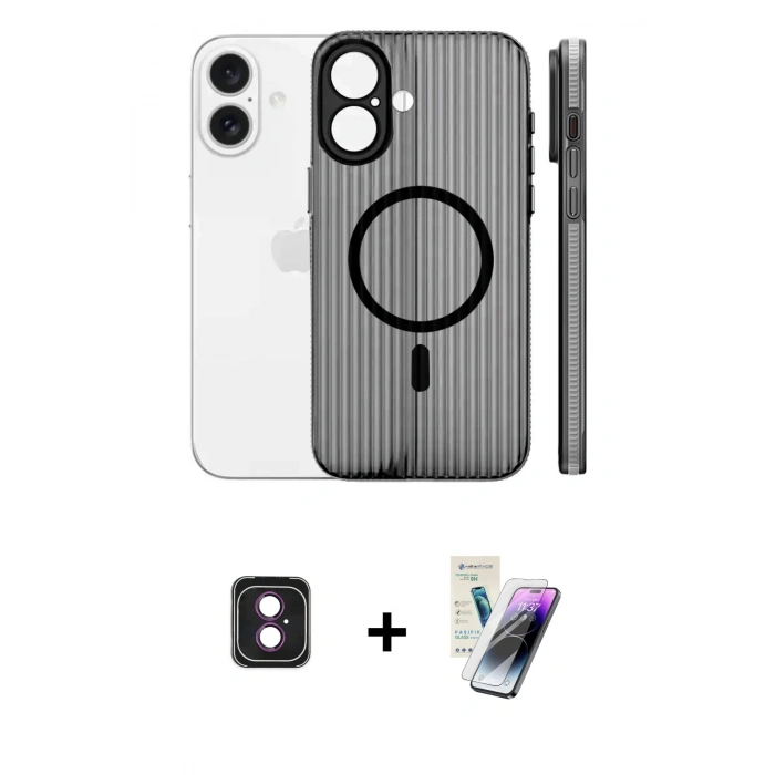 MARSİLYAN™- iPhone 16 Kılıf Pusula Minimal Koleksiyonu - Şeffaf Pasifik Cam Ekran Koruyucu + Pembe PVD Metal Kamera Lens