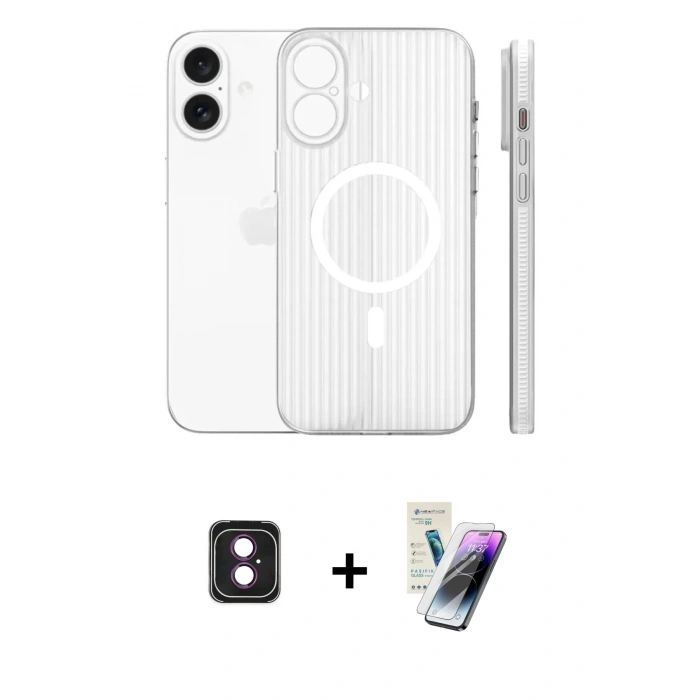 MARSİLYAN™- iPhone 16 Kılıf Pusula Minimal Koleksiyonu - Şeffaf Pasifik Cam Ekran Koruyucu + Pembe PVD Metal Kamera Lens