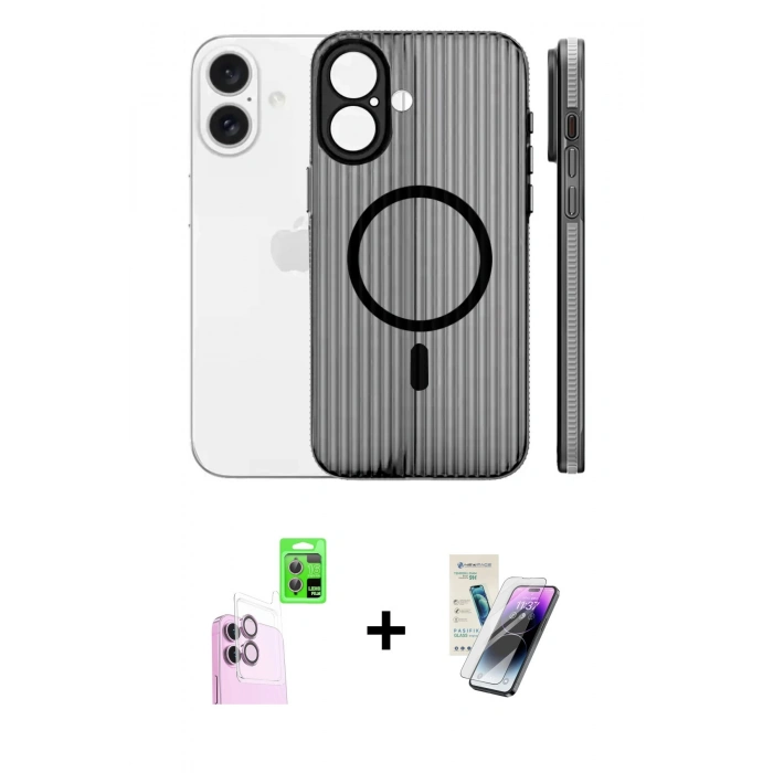 MARSİLYAN™- iPhone 16 Kılıf Pusula Minimal Koleksiyonu - Şeffaf Pasifik Cam Ekran Koruyucu + Raze Metal Kamera Lens - PE