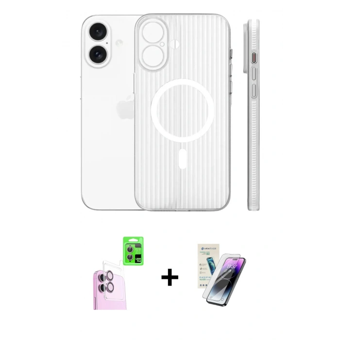 MARSİLYAN™- iPhone 16 Kılıf Pusula Minimal Koleksiyonu - Şeffaf Pasifik Cam Ekran Koruyucu + Raze Metal Kamera Lens - PE