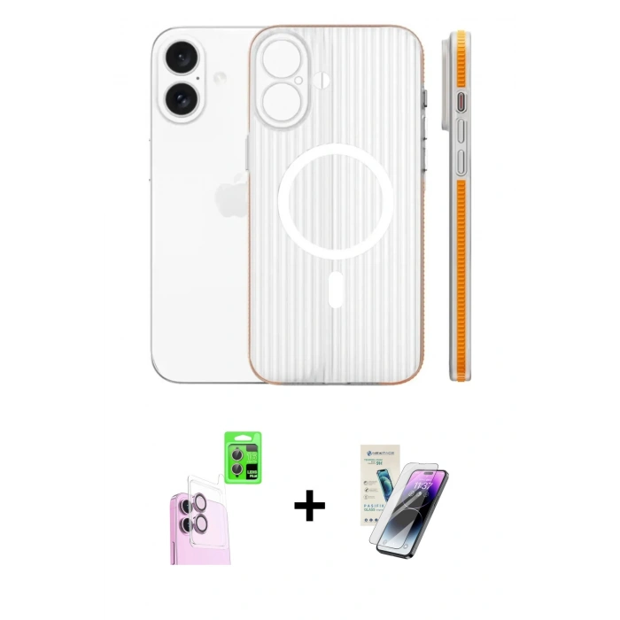 MARSİLYAN™- iPhone 16 Kılıf Pusula Minimal Koleksiyonu - Şeffaf Pasifik Cam Ekran Koruyucu + Raze Metal Kamera Lens - PE