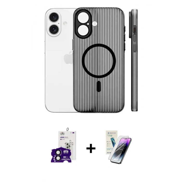 MARSİLYAN™- iPhone 16 Kılıf Pusula Minimal Koleksiyonu - Şeffaf Pasifik Cam Ekran Koruyucu + Bilvis Titan Kamera Lens - SH