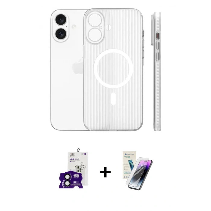 MARSİLYAN™- iPhone 16 Kılıf Pusula Minimal Koleksiyonu - Şeffaf Pasifik Cam Ekran Koruyucu + Bilvis Titan Kamera Lens - SH