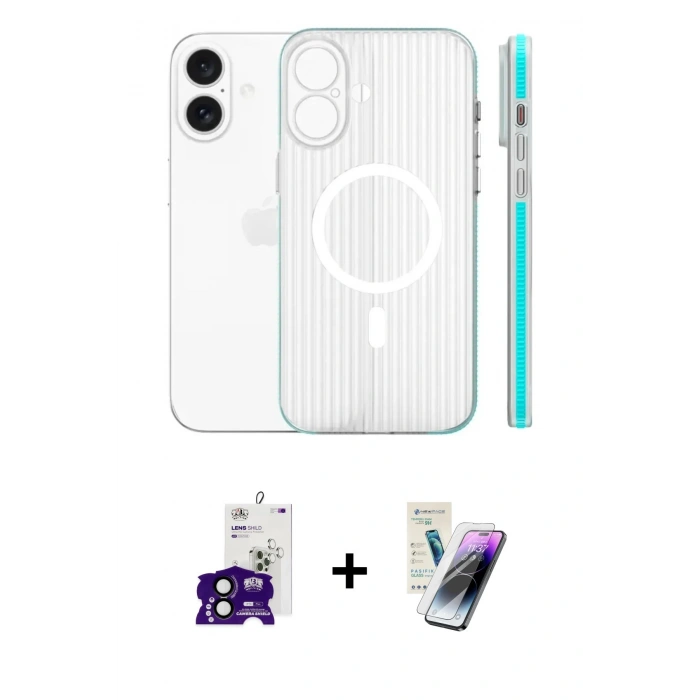 MARSİLYAN™- iPhone 16 Kılıf Pusula Minimal Koleksiyonu - Şeffaf Pasifik Cam Ekran Koruyucu + Bilvis Titan Kamera Lens - SH