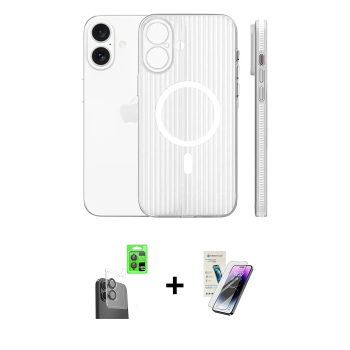 MARSİLYAN™- iPhone 16 Kılıf Pusula Minimal Koleksiyonu - Şeffaf Pasifik Cam Ekran Koruyucu + Raze Metal Kamera Lens - SH