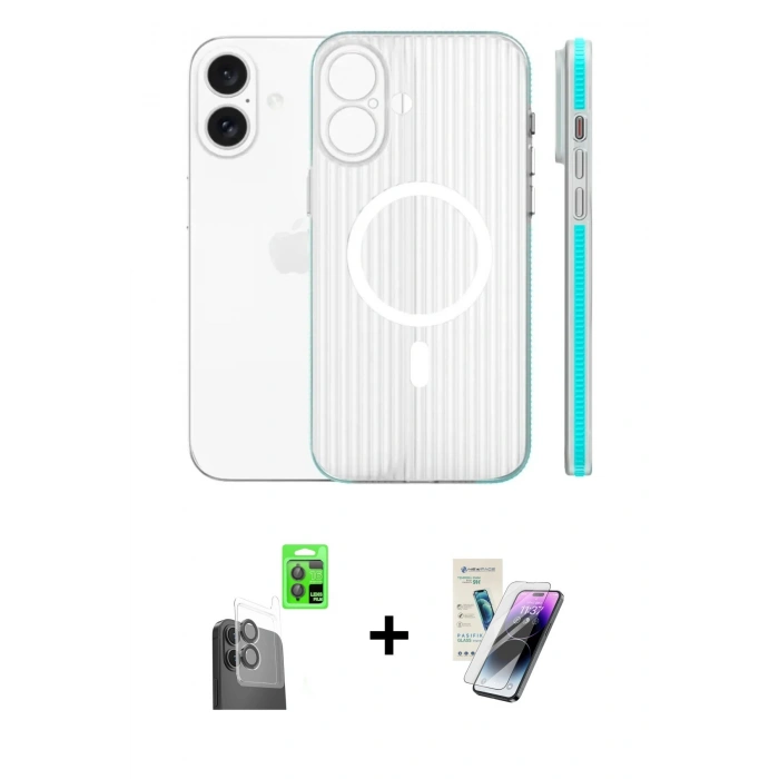 MARSİLYAN™- iPhone 16 Kılıf Pusula Minimal Koleksiyonu - Şeffaf Pasifik Cam Ekran Koruyucu + Raze Metal Kamera Lens - SH