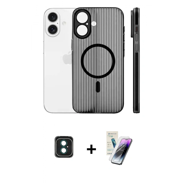 MARSİLYAN™- iPhone 16 Kılıf Pusula Minimal Koleksiyonu - Şeffaf Pasifik Cam Ekran Koruyucu + PVD Metal Kamera Lens - YL