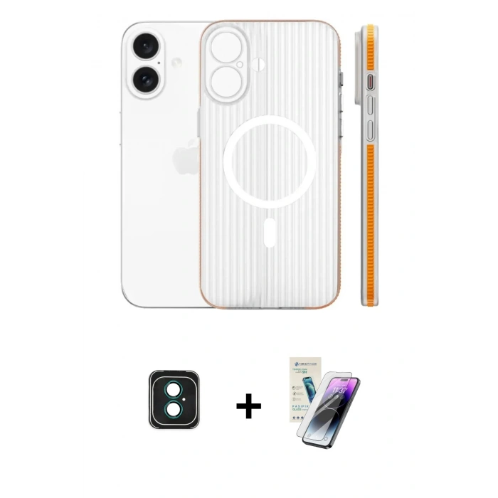 MARSİLYAN™- iPhone 16 Kılıf Pusula Minimal Koleksiyonu - Şeffaf Pasifik Cam Ekran Koruyucu + PVD Metal Kamera Lens - YL