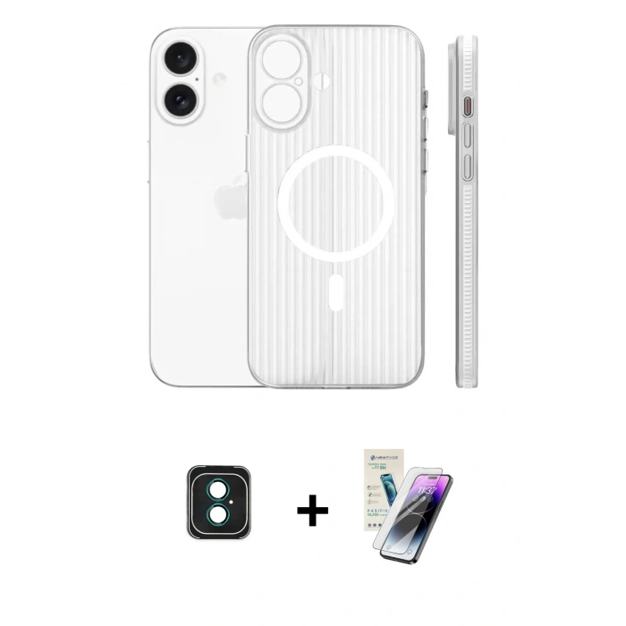 MARSİLYAN™- iPhone 16 Kılıf Pusula Minimal Koleksiyonu - Şeffaf Pasifik Cam Ekran Koruyucu + PVD Metal Kamera Lens - YL