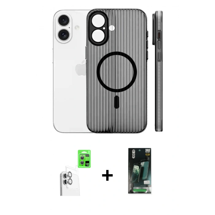 MARSİLYAN™- iPhone 16 Kılıf Pusula Minimal Koleksiyonu - Siyah 360 Mat Full Body Arka Koruyucu + Beyaz Raze Metal Kamera Lens