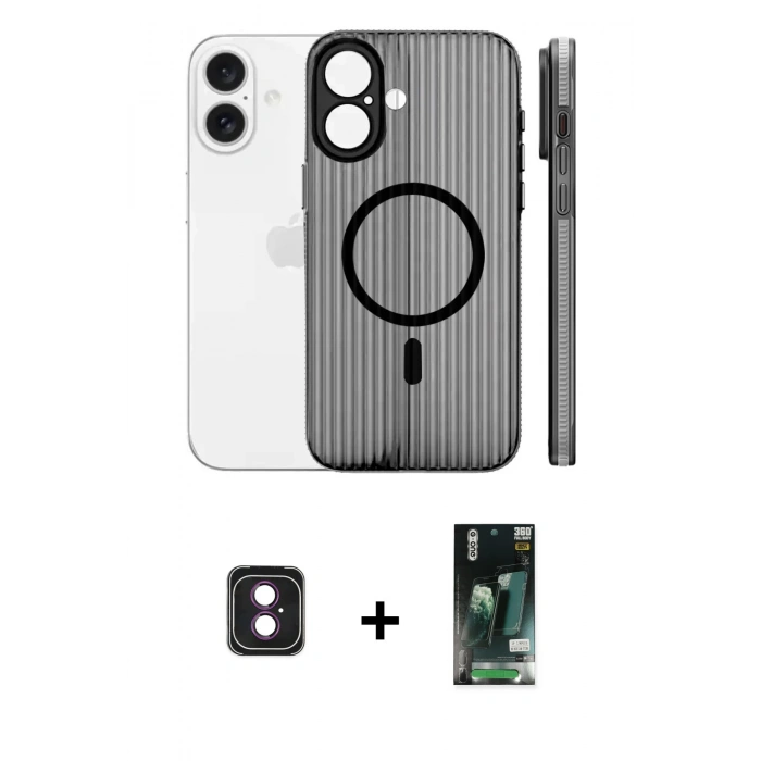 MARSİLYAN™- iPhone 16 Kılıf Pusula Minimal Koleksiyonu - Siyah 360 Mat Full Body Arka Koruyucu + PVD Metal Kamera Lens - PE