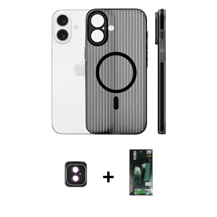 MARSİLYAN™- iPhone 16 Kılıf Pusula Minimal Koleksiyonu - Siyah 360 Mat Full Body Arka Koruyucu + PVD Metal Kamera Lens - PE