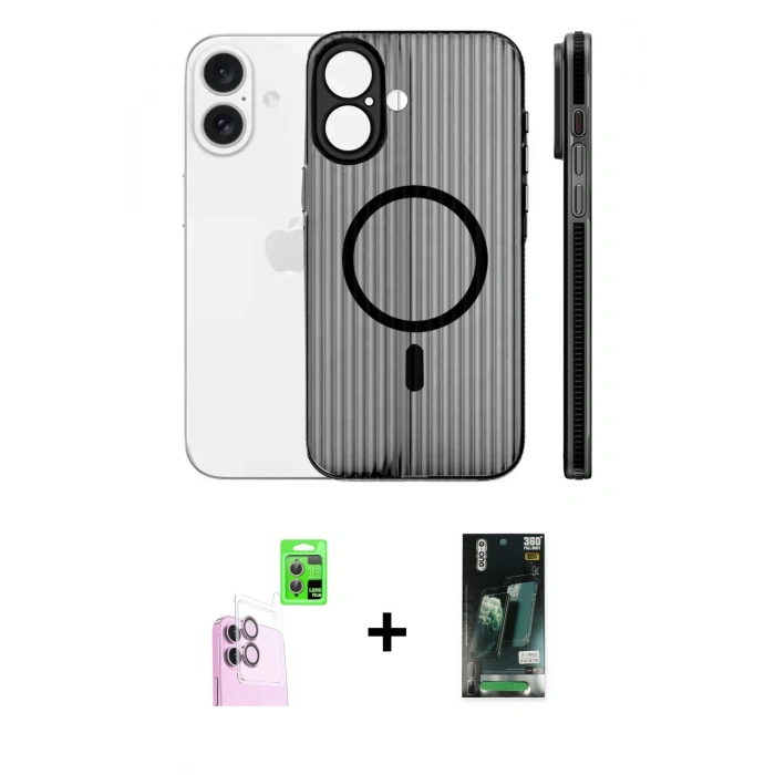 MARSİLYAN™- iPhone 16 Kılıf Pusula Minimal Koleksiyonu - Siyah 360 Mat Full Body Arka Koruyucu + Raze Metal Kamera Lens - PE