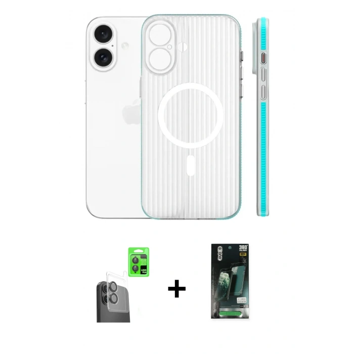 MARSİLYAN™- iPhone 16 Kılıf Pusula Minimal Koleksiyonu - Siyah 360 Mat Full Body Arka Koruyucu + Raze Metal Kamera Lens - SH