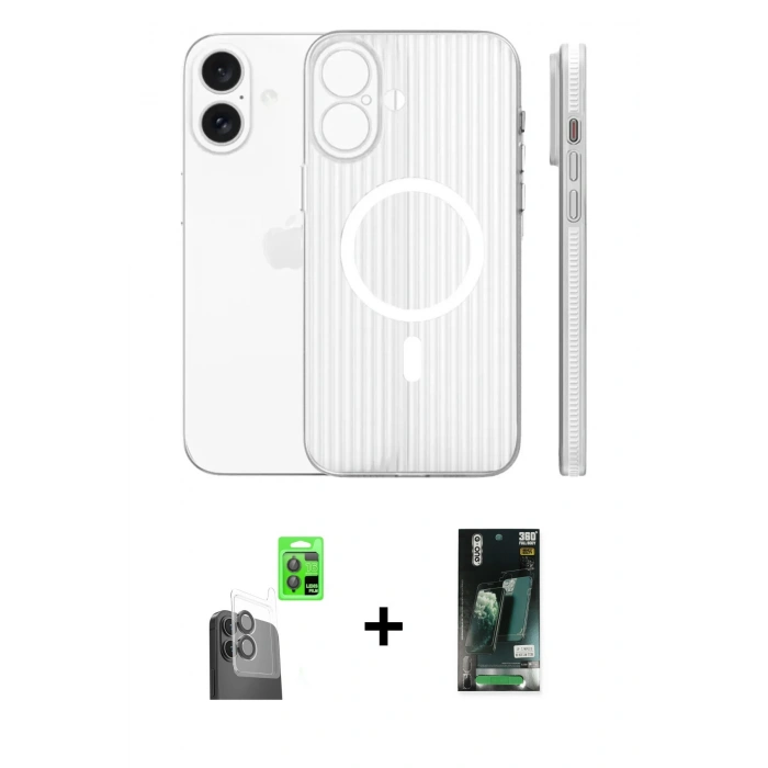 MARSİLYAN™- iPhone 16 Kılıf Pusula Minimal Koleksiyonu - Siyah 360 Mat Full Body Arka Koruyucu + Raze Metal Kamera Lens - SH