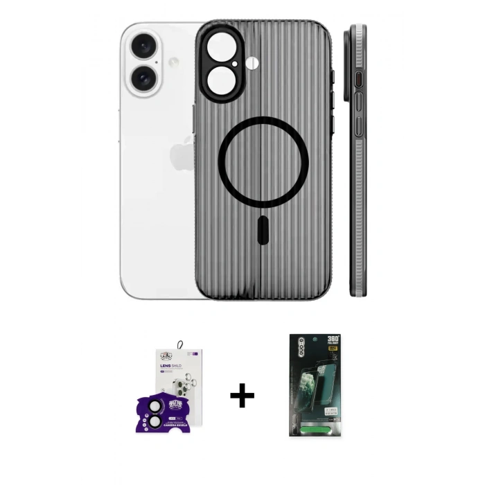 MARSİLYAN™- iPhone 16 Kılıf Pusula Minimal Koleksiyonu - Siyah 360 Mat Full Body Arka Koruyucu + Bilvis Titan Kamera Lens - SH