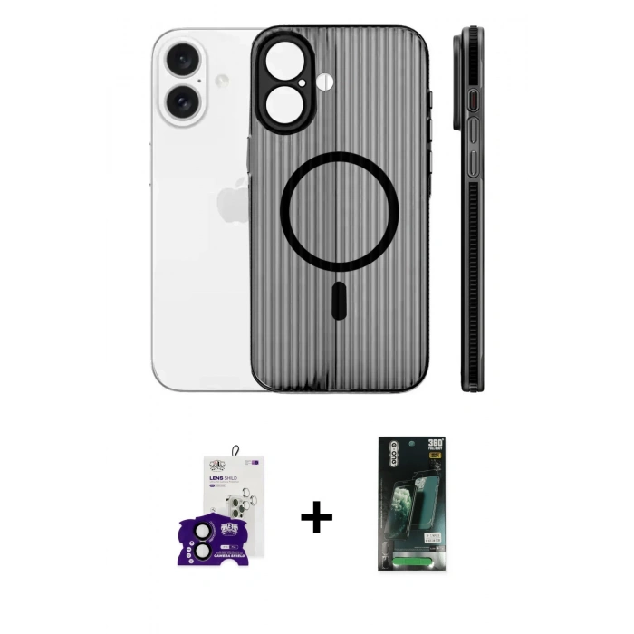 MARSİLYAN™- iPhone 16 Kılıf Pusula Minimal Koleksiyonu - Siyah 360 Mat Full Body Arka Koruyucu + Bilvis Titan Kamera Lens - SH