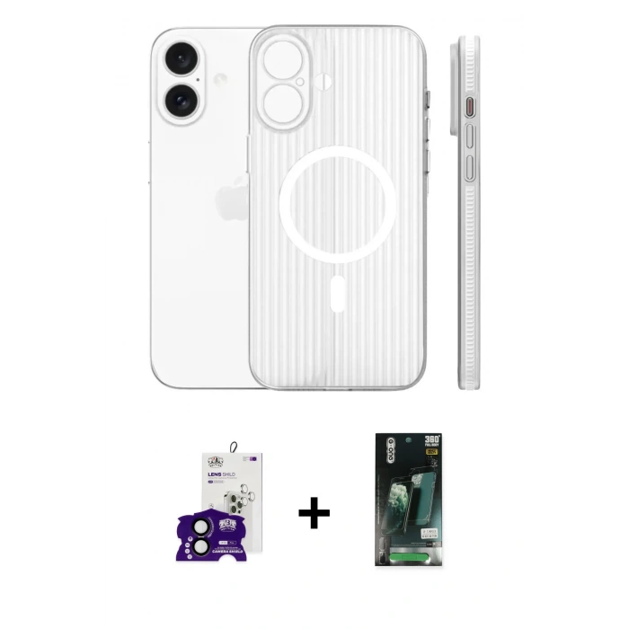 MARSİLYAN™- iPhone 16 Kılıf Pusula Minimal Koleksiyonu - Siyah 360 Mat Full Body Arka Koruyucu + Bilvis Titan Kamera Lens - SH