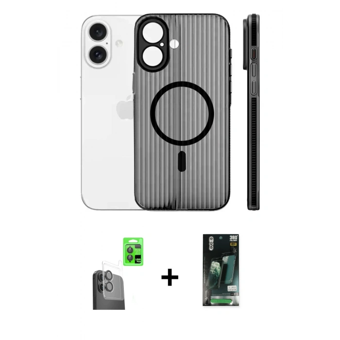 MARSİLYAN™- iPhone 16 Kılıf Pusula Minimal Koleksiyonu - Siyah 360 Mat Full Body Arka Koruyucu + Raze Metal Kamera Lens - SH