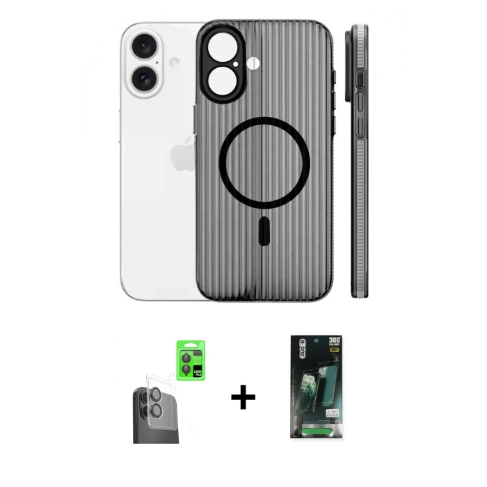 MARSİLYAN™- iPhone 16 Kılıf Pusula Minimal Koleksiyonu - Siyah 360 Mat Full Body Arka Koruyucu + Raze Metal Kamera Lens - SH