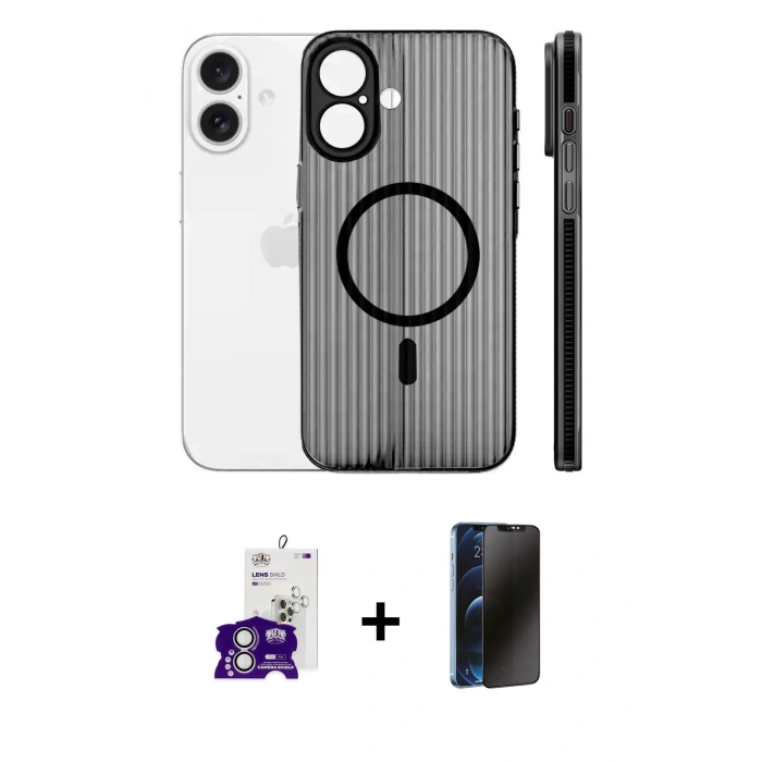MARSİLYAN™- iPhone 16 Kılıf Pusula Minimal Koleksiyonu - Siyah 3D Antistatik Hayalet Cam Ekran Koruyucu + Bilvis Titan Kamera Lens - GS