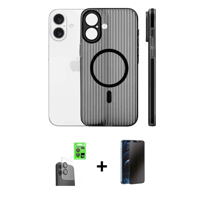 MARSİLYAN™- iPhone 16 Kılıf Pusula Minimal Koleksiyonu - Siyah 3D Antistatik Hayalet Cam Ekran Koruyucu + Raze Metal Kamera Lens - SH