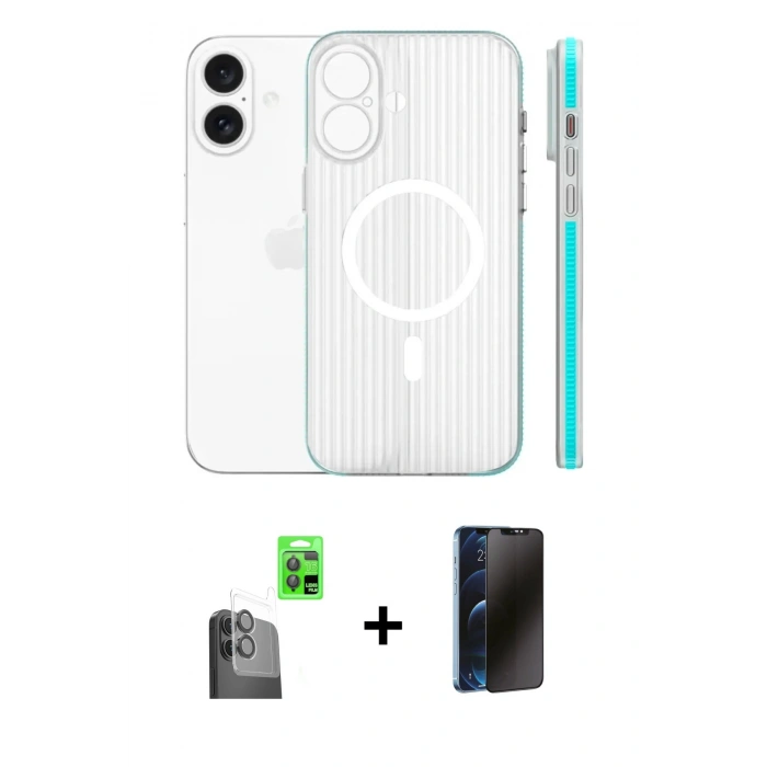 MARSİLYAN™- iPhone 16 Kılıf Pusula Minimal Koleksiyonu - Siyah 3D Antistatik Hayalet Cam Ekran Koruyucu + Raze Metal Kamera Lens - SH