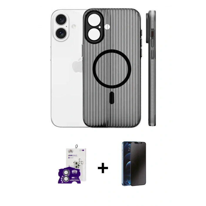 MARSİLYAN™- iPhone 16 Kılıf Pusula Minimal Koleksiyonu - Siyah 3D Antistatik Hayalet Cam Ekran Koruyucu + Bilvis Titan Kamera Lens - GS