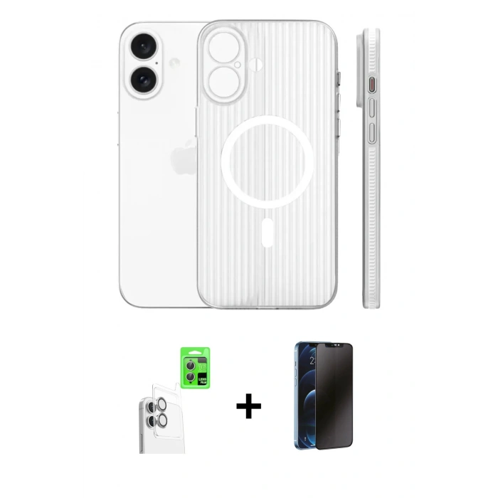 MARSİLYAN™- iPhone 16 Kılıf Pusula Minimal Koleksiyonu - Siyah 3D Antistatik Hayalet Cam Ekran Koruyucu + Raze Metal Kamera Lens - BZ