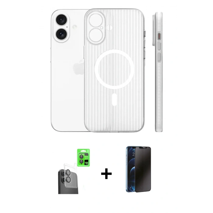 MARSİLYAN™- iPhone 16 Kılıf Pusula Minimal Koleksiyonu - Siyah 3D Antistatik Hayalet Cam Ekran Koruyucu + Raze Metal Kamera Lens - SH