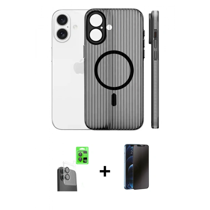 MARSİLYAN™- iPhone 16 Kılıf Pusula Minimal Koleksiyonu - Siyah 3D Antistatik Hayalet Cam Ekran Koruyucu + Raze Metal Kamera Lens - SH