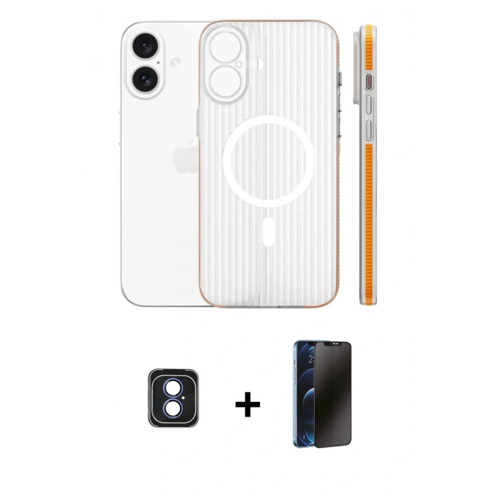 MARSİLYAN™- iPhone 16 Kılıf Pusula Minimal Koleksiyonu - Siyah 3D Antistatik Hayalet Cam Ekran Koruyucu + PVD Metal Kamera Lens - MI