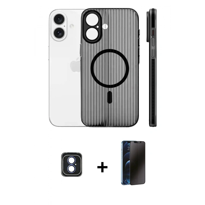 MARSİLYAN™- iPhone 16 Kılıf Pusula Minimal Koleksiyonu - Siyah 3D Antistatik Hayalet Cam Ekran Koruyucu + PVD Metal Kamera Lens - MI