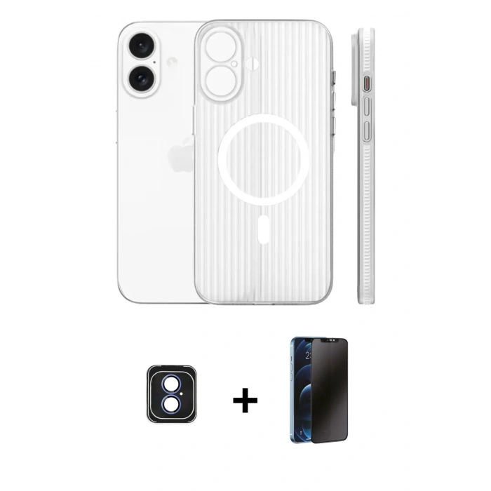MARSİLYAN™- iPhone 16 Kılıf Pusula Minimal Koleksiyonu - Siyah 3D Antistatik Hayalet Cam Ekran Koruyucu + PVD Metal Kamera Lens - MI