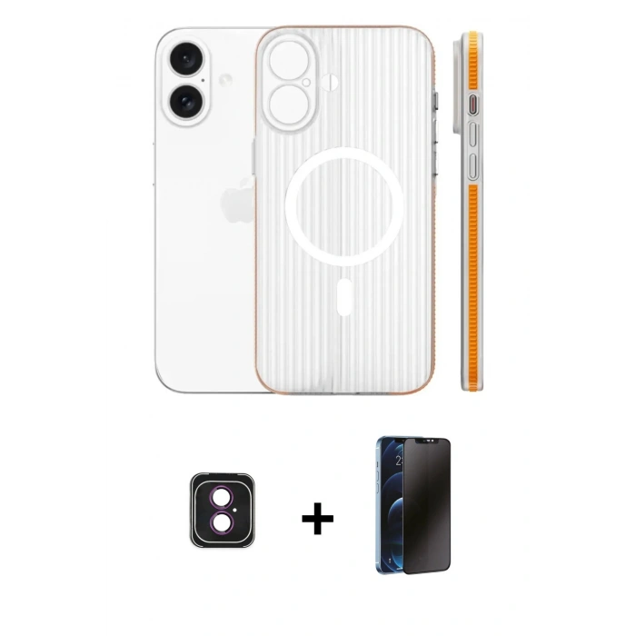 MARSİLYAN™- iPhone 16 Kılıf Pusula Minimal Koleksiyonu - Siyah 3D Antistatik Hayalet Cam Ekran Koruyucu + PVD Metal Kamera Lens - PE