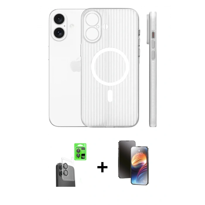 MARSİLYAN™- iPhone 16 Kılıf Pusula Minimal Koleksiyonu - Siyah 3D Antistatik Mat Seramik Nano Ekran Koruyucu + Siyah Raze Metal Kamera Lens