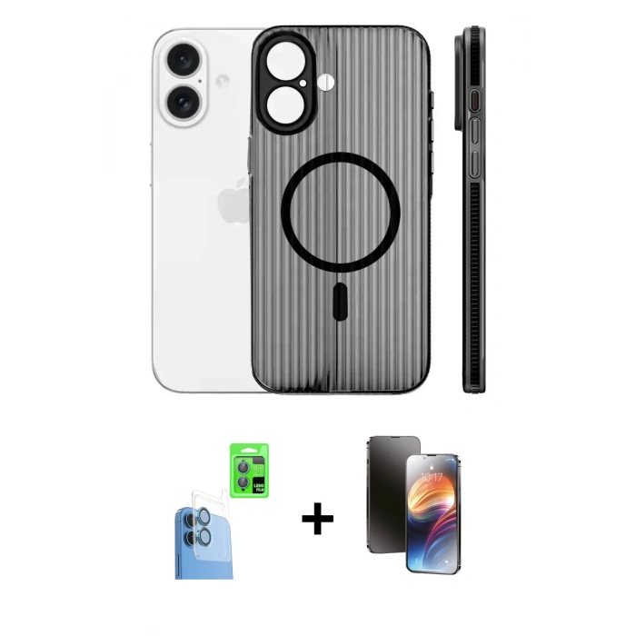 MARSİLYAN™- iPhone 16 Kılıf Pusula Minimal Koleksiyonu - Siyah 3D Antistatik Mat Seramik Nano Ekran Koruyucu + Raze Metal Kamera Lens - LT