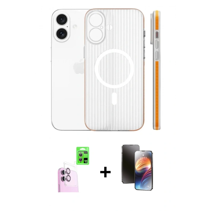 MARSİLYAN™- iPhone 16 Kılıf Pusula Minimal Koleksiyonu - Siyah 3D Antistatik Mat Seramik Nano Ekran Koruyucu + Pembe Raze Metal Kamera Lens