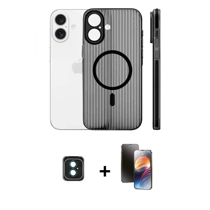 MARSİLYAN™- iPhone 16 Kılıf Pusula Minimal Koleksiyonu - Siyah 3D Antistatik Mat Seramik Nano Ekran Koruyucu + PVD Metal Kamera Lens - YL
