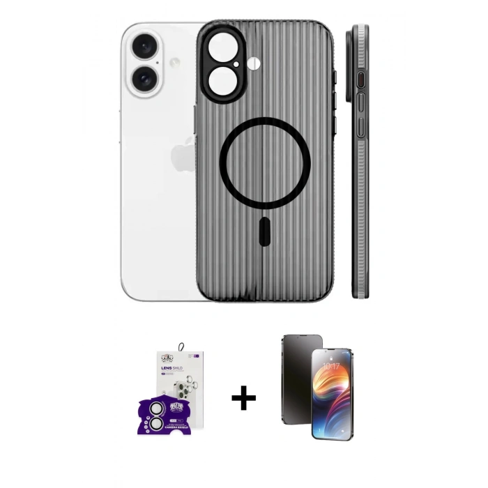 MARSİLYAN™- iPhone 16 Kılıf Pusula Minimal Koleksiyonu - Siyah 3D Antistatik Mat Seramik Nano Ekran Koruyucu + Bilvis Titan Kamera Lens - GS
