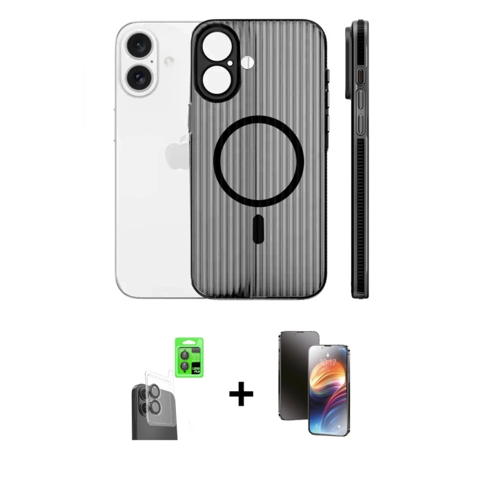 MARSİLYAN™- iPhone 16 Kılıf Pusula Minimal Koleksiyonu - Siyah 3D Antistatik Mat Seramik Nano Ekran Koruyucu + Siyah Raze Metal Kamera Lens