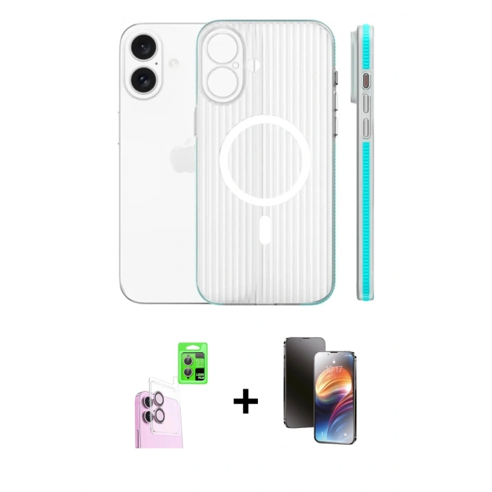 MARSİLYAN™- iPhone 16 Kılıf Pusula Minimal Koleksiyonu - Siyah 3D Antistatik Mat Seramik Nano Ekran Koruyucu + Pembe Raze Metal Kamera Lens