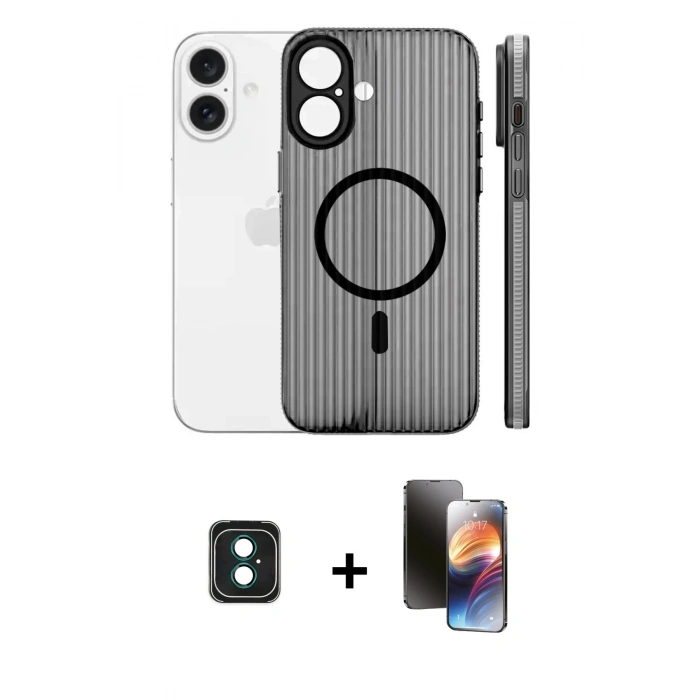 MARSİLYAN™- iPhone 16 Kılıf Pusula Minimal Koleksiyonu - Siyah 3D Antistatik Mat Seramik Nano Ekran Koruyucu + PVD Metal Kamera Lens - YL