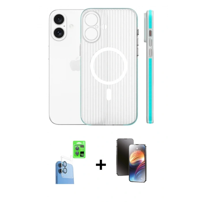 MARSİLYAN™- iPhone 16 Kılıf Pusula Minimal Koleksiyonu - Siyah 3D Antistatik Mat Seramik Nano Ekran Koruyucu + Lacivert Raze Metal Kamera Lens