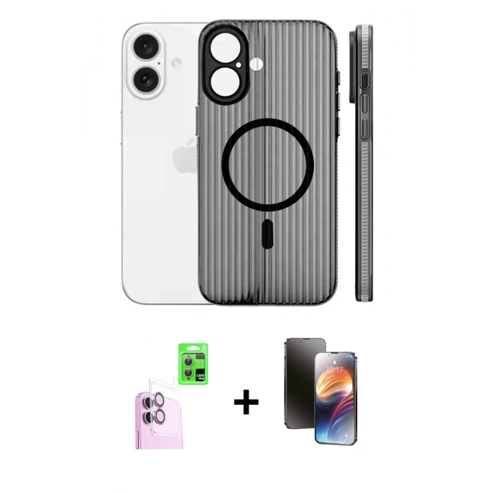 MARSİLYAN™- iPhone 16 Kılıf Pusula Minimal Koleksiyonu - Siyah 3D Antistatik Mat Seramik Nano Ekran Koruyucu + Pembe Raze Metal Kamera Lens